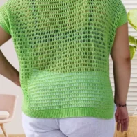 Pull ajouré en mailles , col en V, mancherons, maille ajourée extensible, idéal en superposition, vue de dos, coloris : vert
