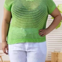 Pull ajouré en mailles, col en V, mancherons, maille ajourée extensible, idéal en superposition, vue de face, coloris : vert