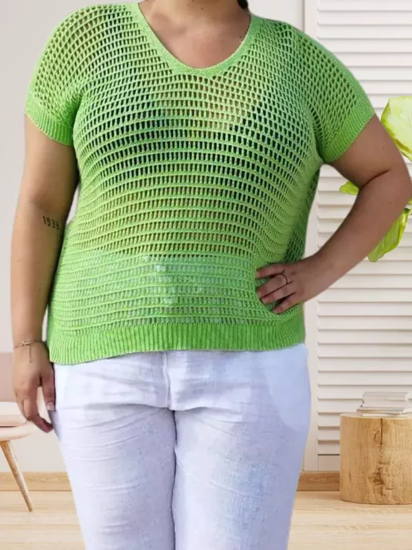 Pull ajouré en mailles, col en V, mancherons, maille ajourée extensible, idéal en superposition, vue de face, coloris : vert