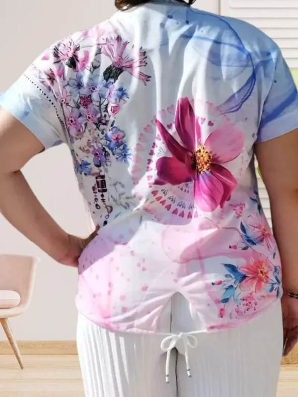 top-imprime-fleurs-ds T-shirt imprimé fleur, col rond, mancherons, motif orné de strass et cordon ajustable., vue de dos, coloris : blanc et multicolore