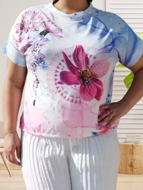 T-shirt imprimé fleur, col rond, mancherons, motif orné de strass et cordon ajustable., vue de face, coloris : blanc et multicolore