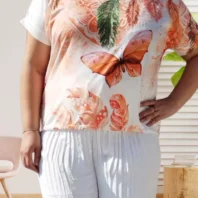 T-shirt imprimé papillon, col rond, mancherons, avec strass et cordon ajustable, vue de face, coloris blanc et multicolore