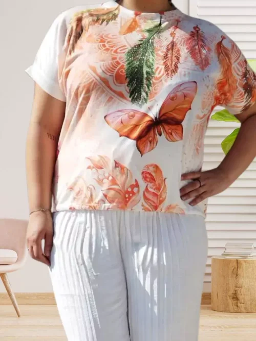 T-shirt imprimé papillon, col rond, mancherons, avec strass et cordon ajustable, vue de face, coloris blanc et multicolore