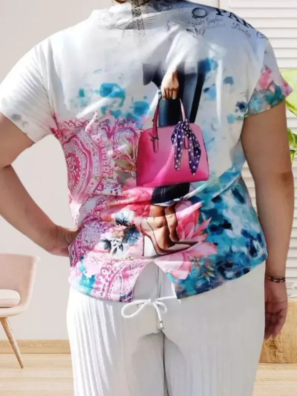 top-imprime-sac-ds T-shirt imprimé sac, motif strass, col rond, coupe fluide et ajustable. vue de dos, coloris : blanc et multicolore