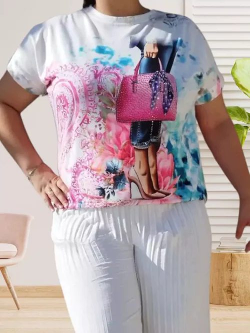 T-shirt imprimé sac, motif strass, col rond, coupe fluide et ajustable. vue de face, coloris : blanc et multicolore