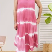 Robe sans manches tie and dye TU rose, col V devant et dos, coupe fluide et extensible en viscose et élasthanne, vue devant