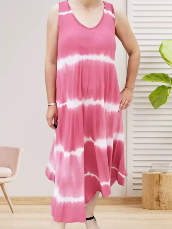 robe-sans-manches-tie-and-dye-rose-dv Robe sans manches tie and dye TU rose, col V devant et dos, coupe fluide et extensible en viscose et élasthanne, vue devant