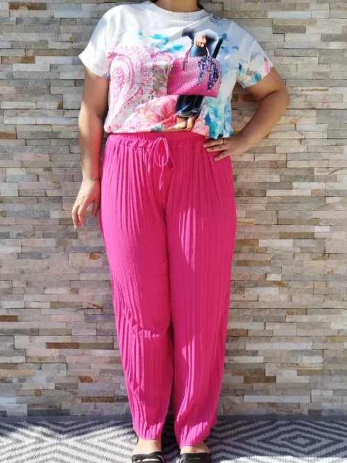 Pantalon fluide plissé rose fuchsia