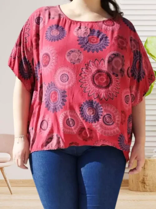 Tunique fleurie col rond rouge femme vue devant