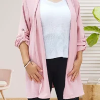 Gilet kimono long rose poudrée pour femme vue de face