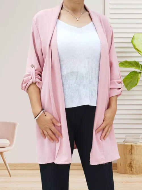 Gilet kimono long rose poudrée pour femme vue de face
