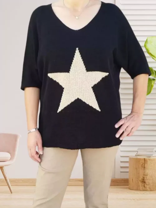 Pull étoile dorée, col en V, manches courtes, matière douce et fluide, vue de face, coloris : noir