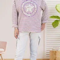 T-shirt rayé étoile en sequins violet pour femme vue de face