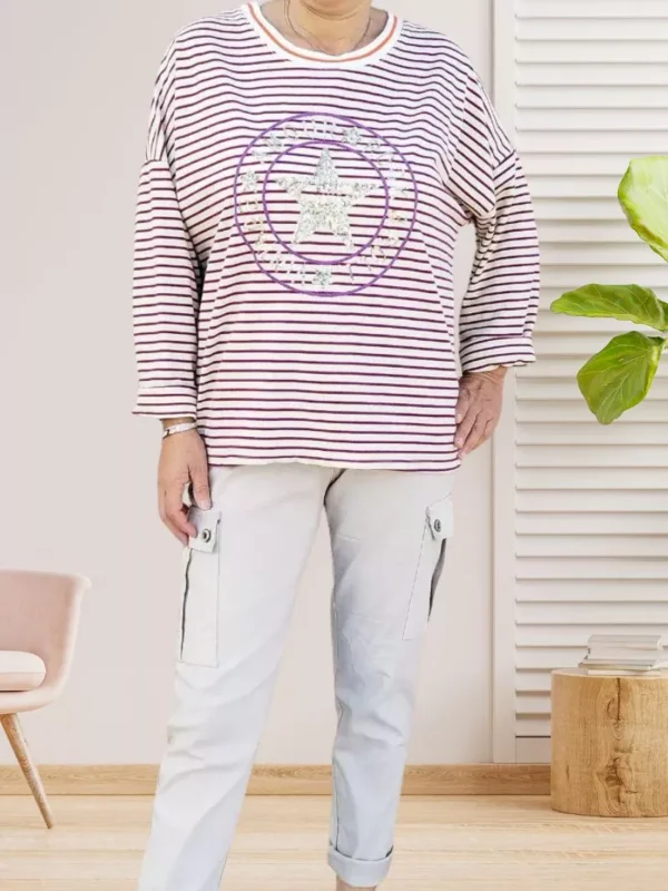t-shirt-raye-etoile-en-sequins-violet-dv T-shirt rayé étoile en sequins violet pour femme vue de face