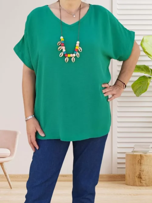 tunique col en V avec collier vert pour femme vue de face