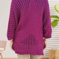 Gilet ajouré étoile dos, manches 3/4, coupe ouverte, poches plaquées, vue de dos, coloris : violet