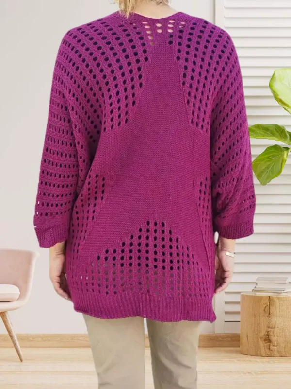 gilet-ajoure-etoile-dos-violet-ds Gilet ajouré étoile dos, manches 3/4, coupe ouverte, poches plaquées, vue de dos, coloris : violet