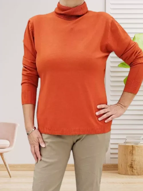 Pull fin col roulé, manches longues, matière douce et légère, vue de face, coloris : orange