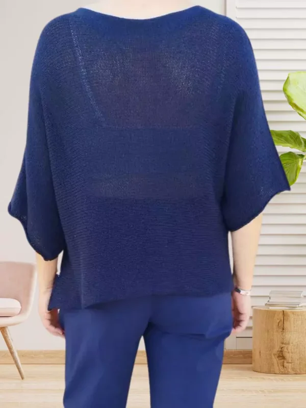 pull-oeil-dore-paillete-bleu-fonce-ds Pull œil doré pailleté, manches courtes chauve-souris, col rond, coupe ample, vue de dos, coloris : bleu foncé