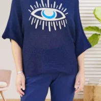 Pull œil doré pailleté, manches courtes chauve-souris, col rond, coupe ample, vue de face, coloris : bleu foncé