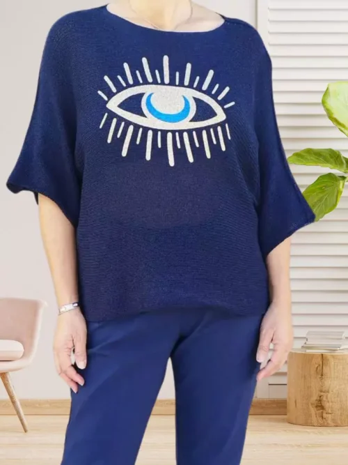 Pull œil doré pailleté, manches courtes chauve-souris, col rond, coupe ample, vue de face, coloris : bleu foncé