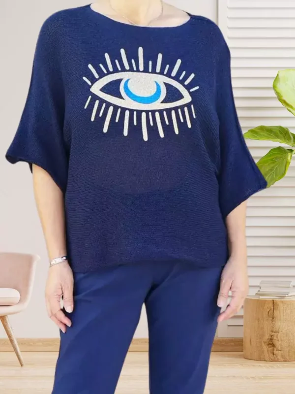 pull-oeil-dore-paillete-bleu-fonce-dv Pull œil doré pailleté, manches courtes chauve-souris, col rond, coupe ample, vue de face, coloris : bleu foncé