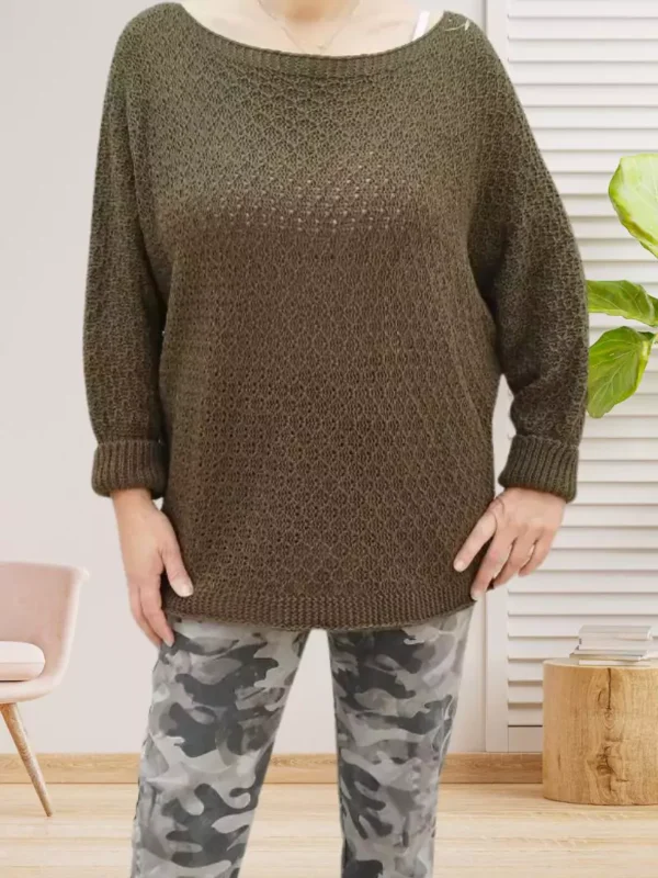 Pull nid d'abeille, manches longues chauve-souris, col arrondi, motif nid d'abeille, vue de face, coloris : kaki