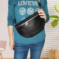 Sac banane uni sangle bicolore noir pour femme vue de face