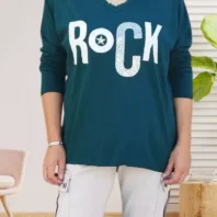 T-shirt Rock col en V, manches longues, inscription en bouclette et argentée, 100% coton, vue de face, coloris : bleu canard