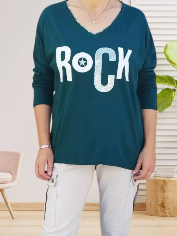 t-shirt-rock-bleu-canard-dv T-shirt Rock col en V, manches longues, inscription en bouclette et argentée, 100% coton, vue de face, coloris : bleu canard