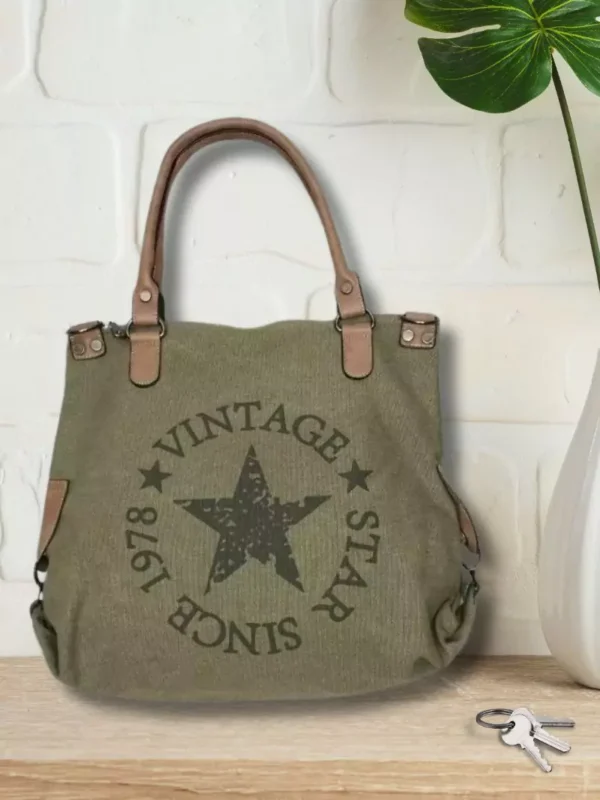 Sac fourre-tout motif étoile kaki femme vue devant
