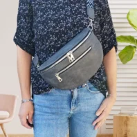 Sac banane aspect vieilli duo zip gris foncé femme vue face