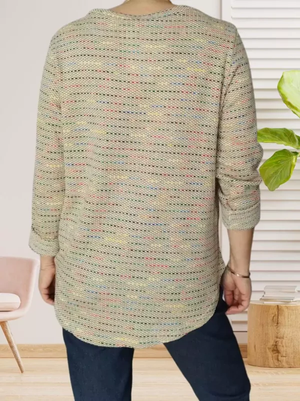 pull-fin-mouchete-beige-fonce-ds Pull fin moucheté, col rond, manches longues, base arrondie, moucheté multicolore, vue de dos, coloris : beige foncé