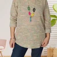 Pull fin moucheté, col rond, manches longues, base arrondie, moucheté multicolore, vue de face, coloris : beige foncé