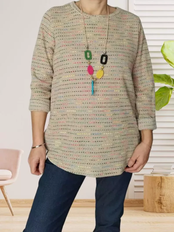Pull fin moucheté, col rond, manches longues, base arrondie, moucheté multicolore, vue de face, coloris : beige foncé