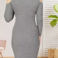 Robe épaules ajourées gris, col rond montant et manches longues en jersey extensible, vue dos