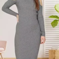 Robe épaules ajourées gris, col rond montant et manches longues en jersey extensible, vue devant