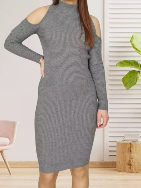 Robe épaules ajourées gris, col rond montant et manches longues en jersey extensible, vue devant