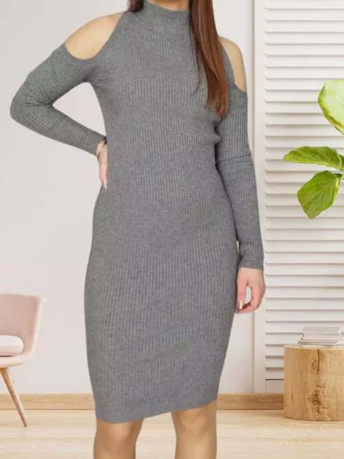 Robe épaules ajourées gris, col rond montant et manches longues en jersey extensible, vue devant