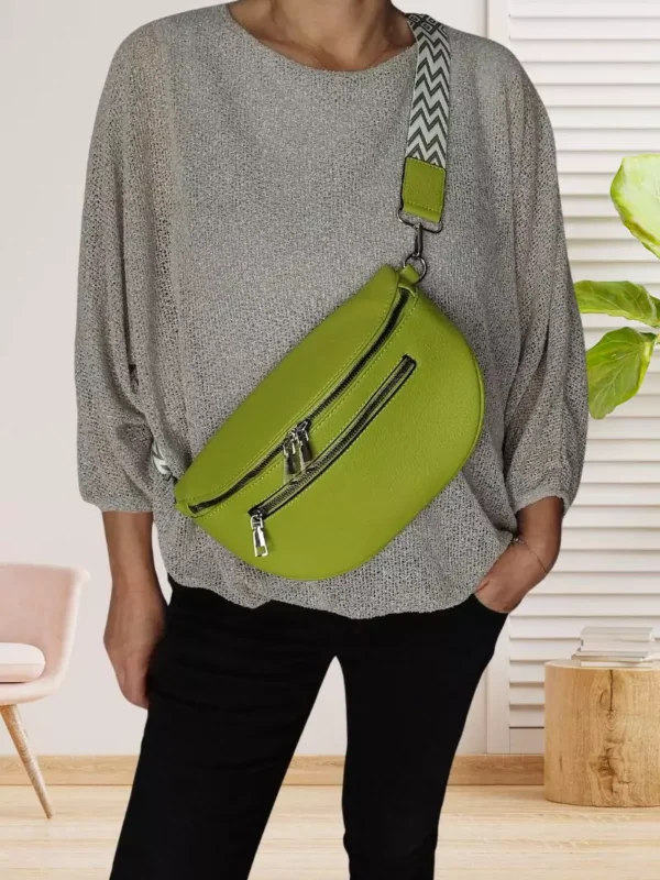 sac-banane-a-bandouliere-bicolore-vert-anis-dv Sac banane à bandoulière bicolore vert anis femme vue devant