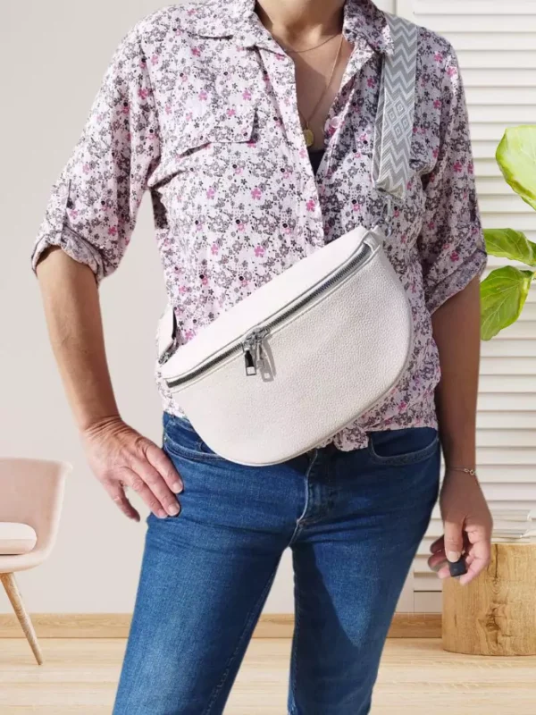 Sac banane à sangle bicolore beige clair femme vue devant