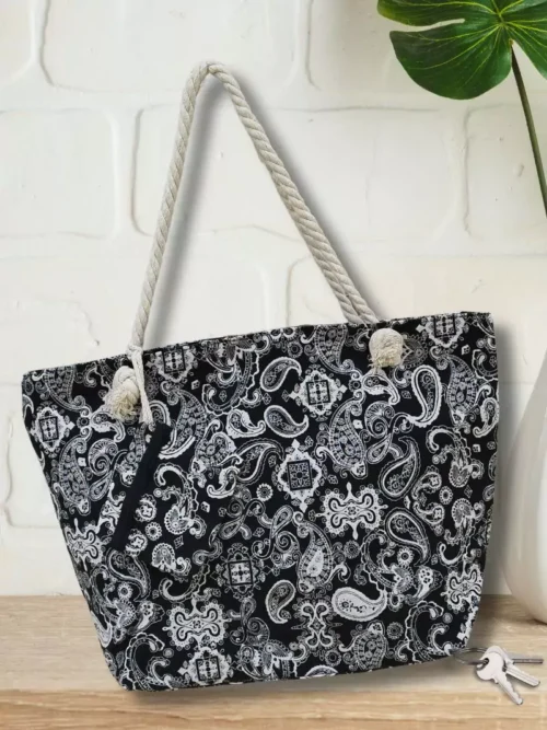 Sac fourre-tout motif cachemire noir femme
