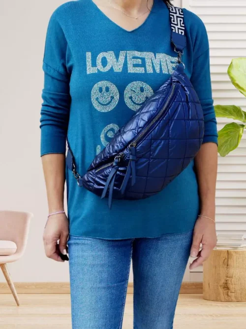 Sac banane matelassé 2 zips bleu foncé femme vue devant