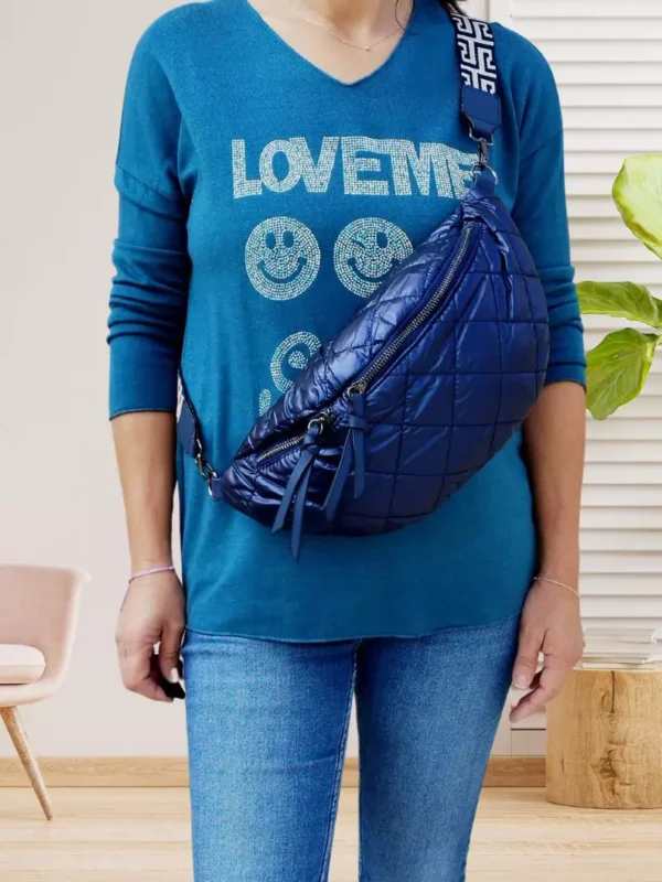 sac-banane-matelasse-bleu-fonce-dv Sac banane matelassé 2 zips bleu foncé femme vue devant