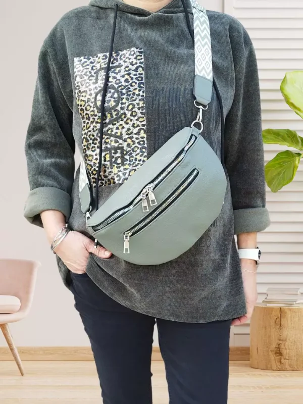 sac-banane-duo-zip-sangle-bicolore-vert-dv Sac banane duo zip sangle bicolore vert femme vue devant