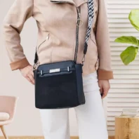 Sac bi-matière sangle bicolore noir femme vue devant