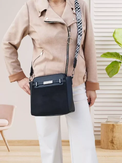 Sac bi-matière sangle bicolore noir femme vue devant