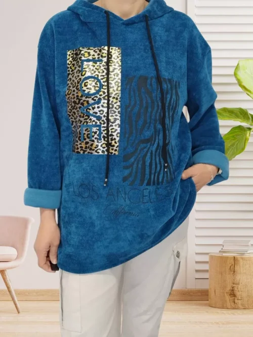 Pull velours côtelé à capuche bleu pour femme vue de face